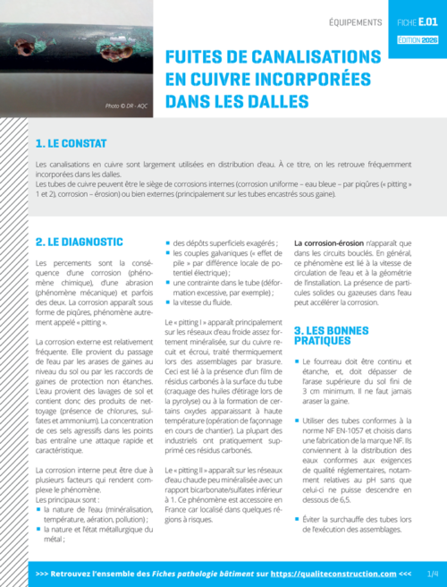 Fiche pathologie bâtiment - E.01 « Fuites de canalisations en cuivre incorporées dans les dalles » - AQC