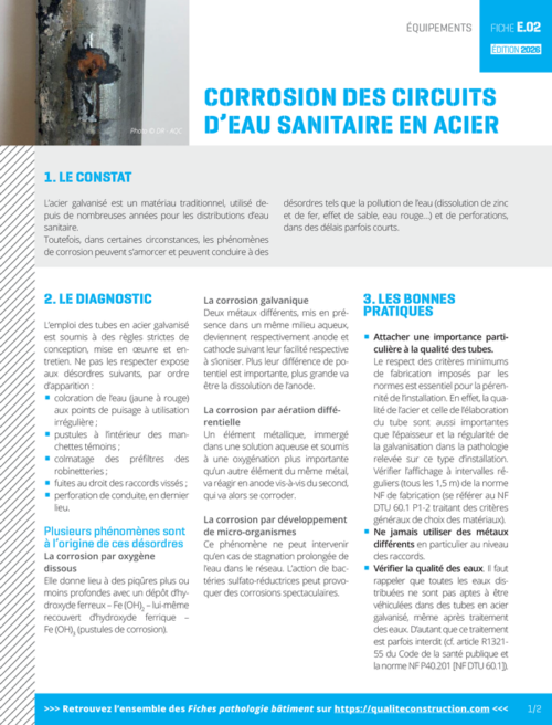 Fiche pathologie bâtiment - E.02 « Corrosion des circuits d'eau sanitaire en acier » - AQC