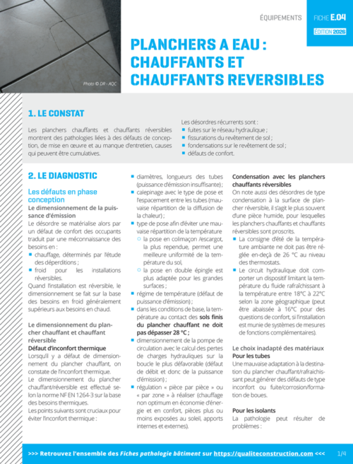 Fiche pathologie bâtiment - E.04 «&nbsp;Chauffage par le sol à eau chaude&nbsp;» - AQC