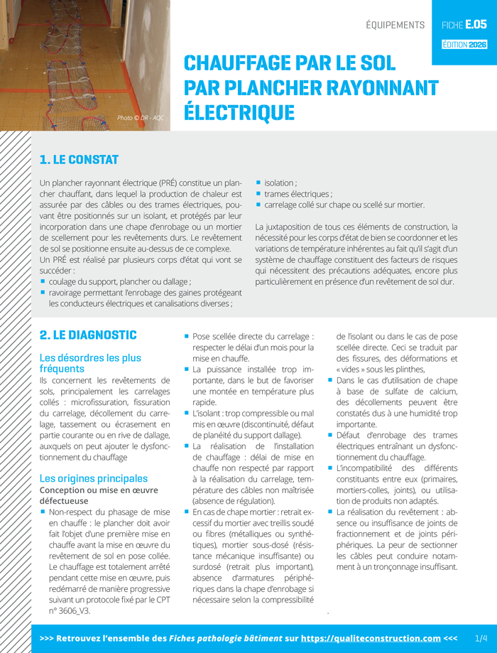 Fiche pathologie bâtiment - E.05 « Chauffage par le sol par Plancher Rayonnant Électrique » - AQC