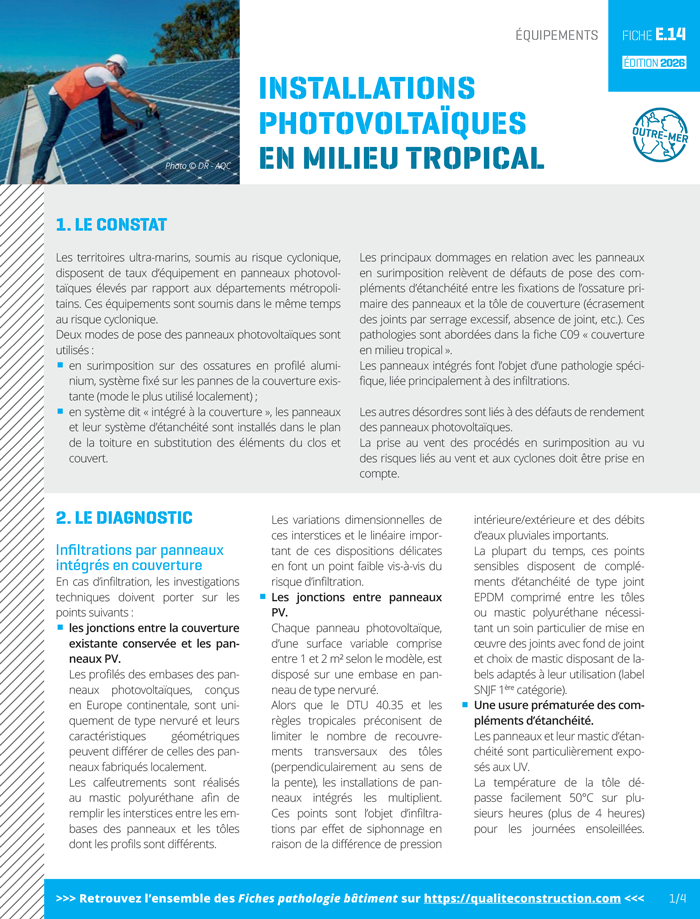Fiche pathologie bâtiment - E.14 « Installations photovoltaïques surimposées en milieu tropical » - AQC