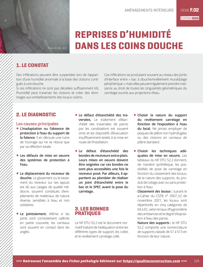 Fiche pathologie bâtiment - F.02 « Reprises d’humidité dans les coins douche » - AQC
