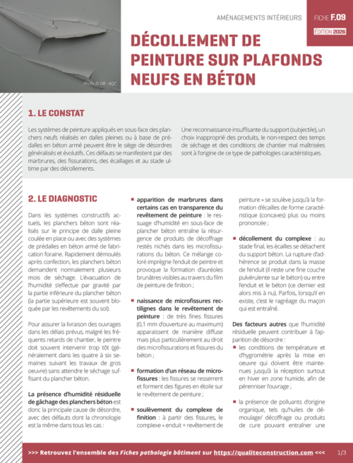Fiche pathologie bâtiment - F.09 « Décollement de peinture sur plafonds neufs en béton » - AQC