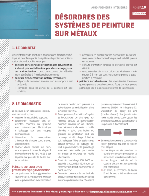 Fiche pathologie bâtiment - F.10 « Désordres des systèmes de peinture sur métaux » - AQC