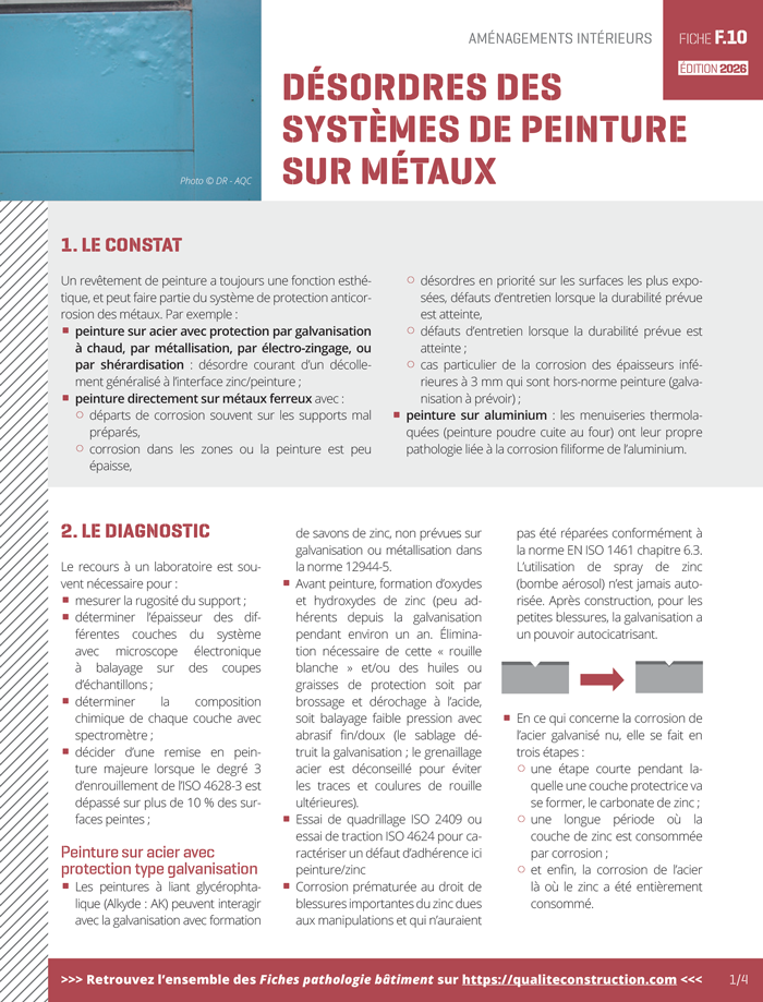 Fiche pathologie bâtiment - F.10 « Désordres des systèmes de peinture sur métaux » - AQC